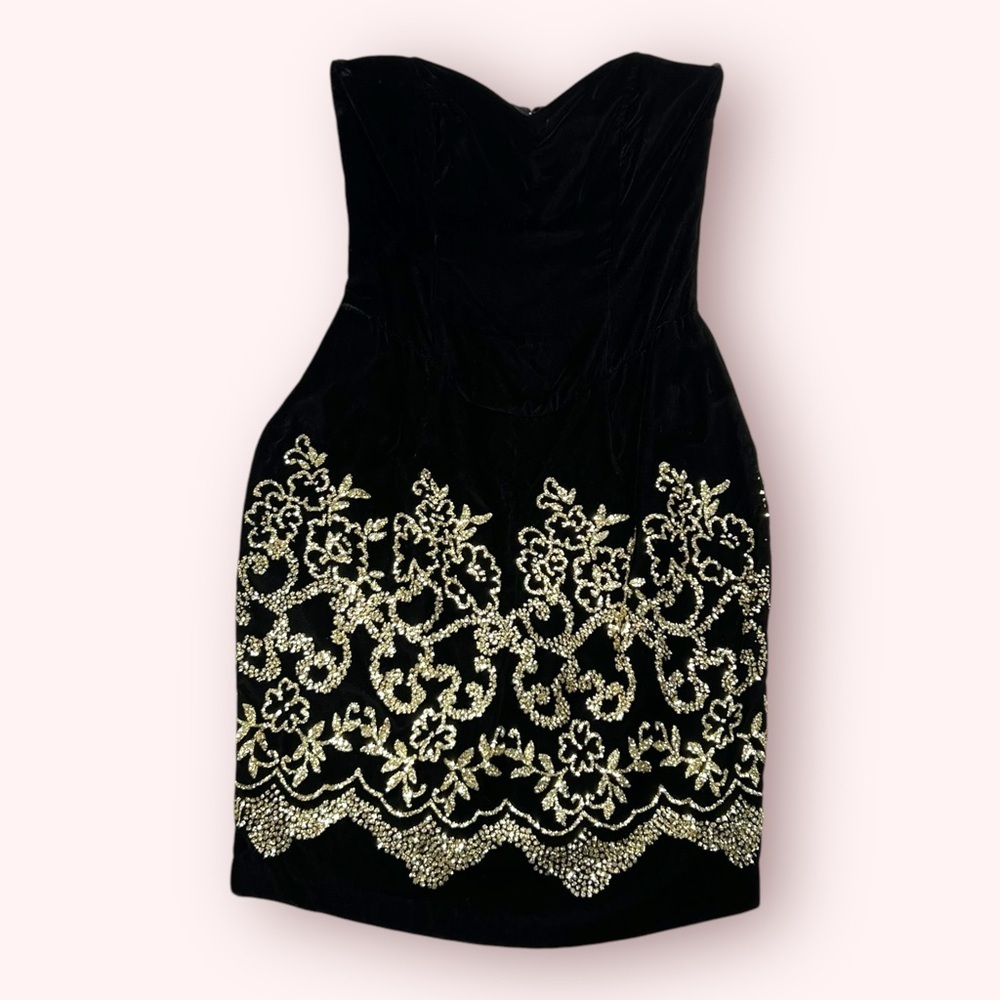 Vintage 90s Gunne Sax Black Velvet Gold Mini Dress 7/8
